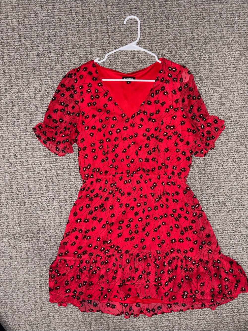 Express Red Dress with Black Floral Pattern - Size L